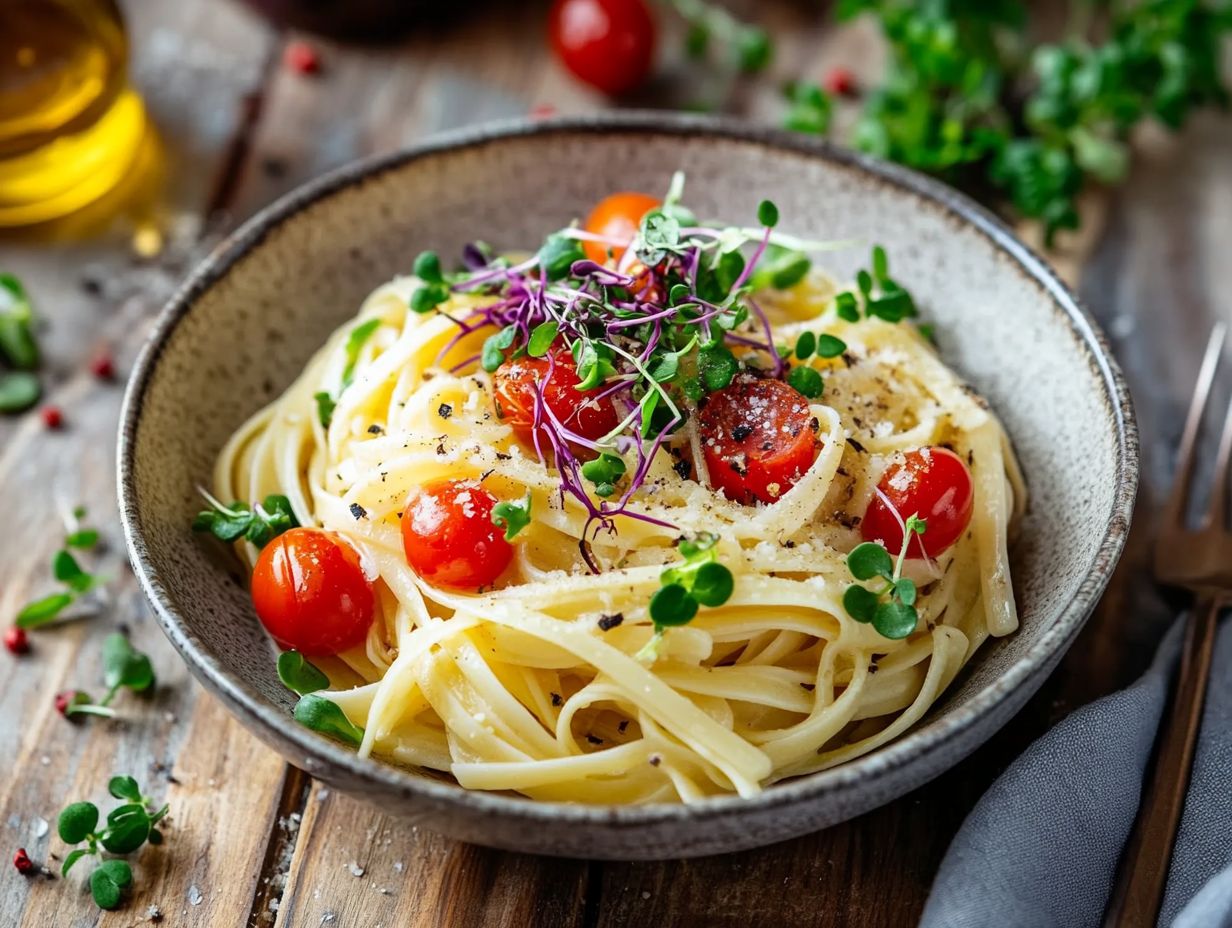 Delicious pasta garnished with colorful microgreens for a fresh touch.