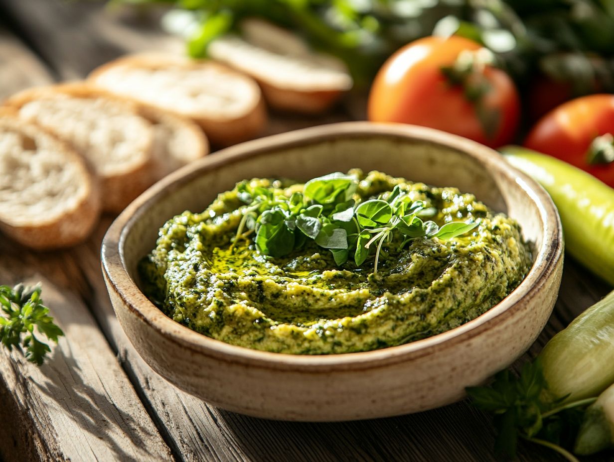 A vibrant dish of microgreen tapenade served with crackers and garnished with fresh herbs.