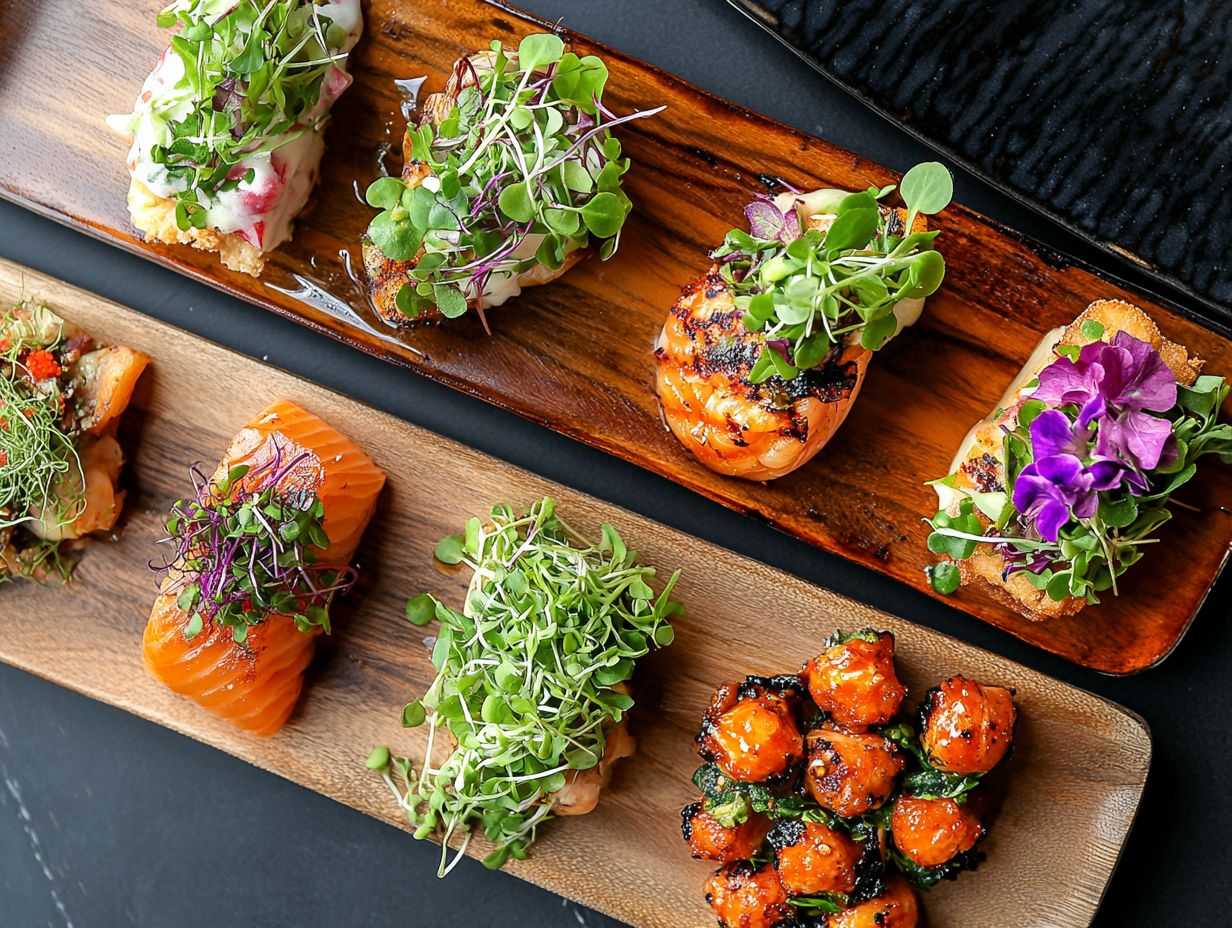 A plate of grilled steak topped with microgreen horseradish sauce, accompanied by vibrant vegetables.