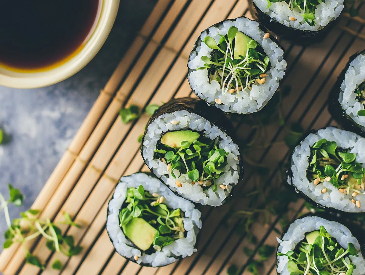 A variety of microgreen sushi rolls displayed on a wooden sushi board.