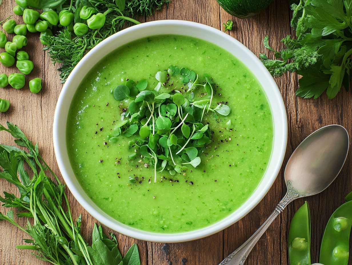 A vibrant bowl of Zesty Lemon and Parsley Microgreen Soup garnished with fresh herbs