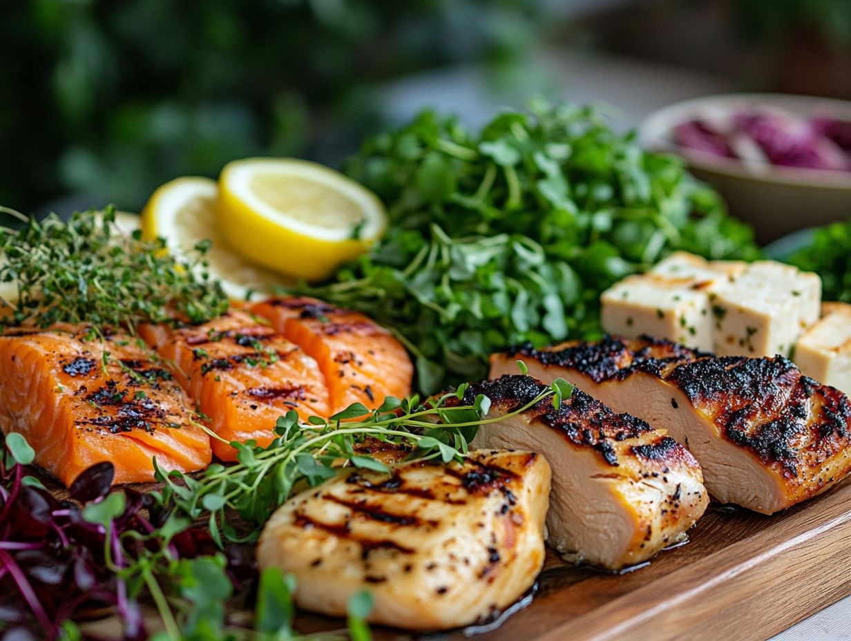 A colorful display of various proteins and microgreens