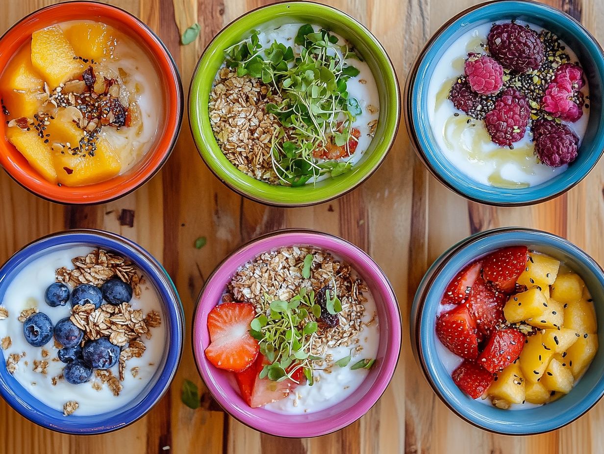 A colorful display of breakfast bowls featuring fresh microgreens.