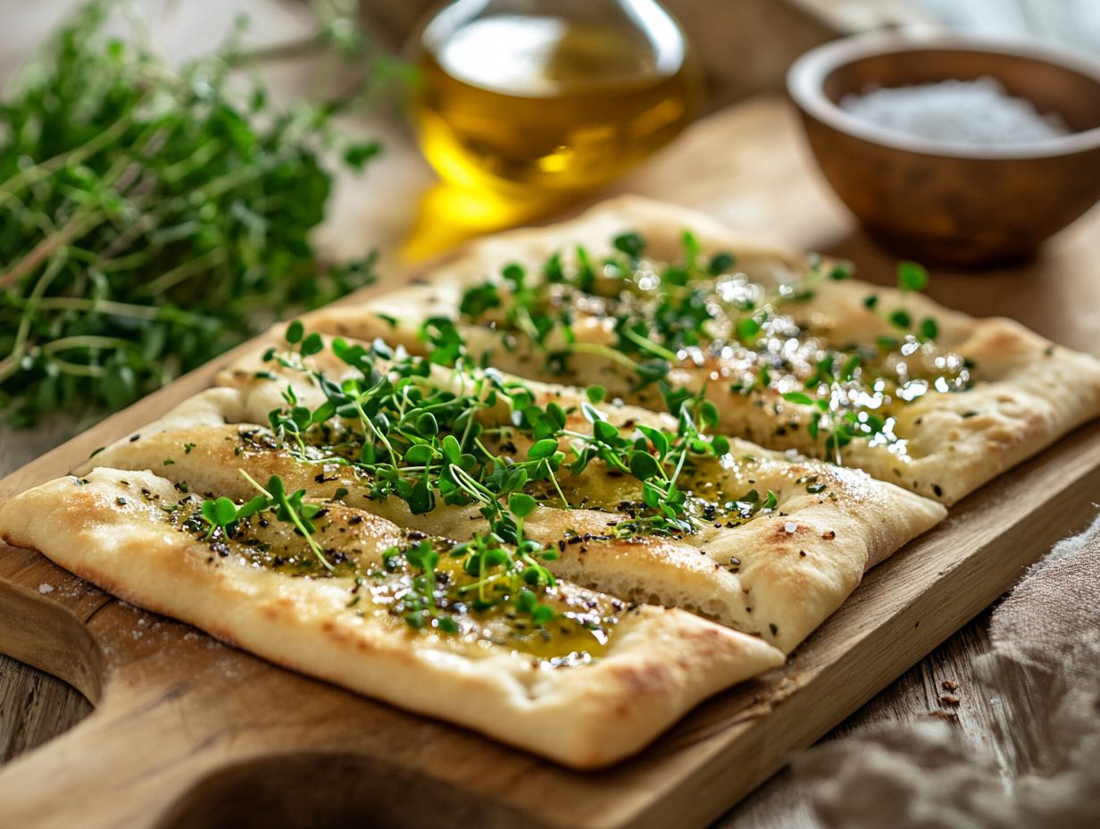 Various microgreen flatbreads with colorful toppings