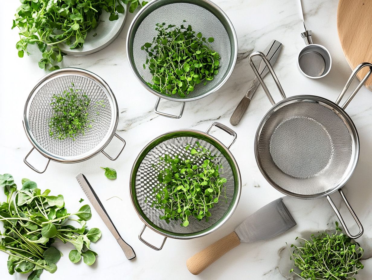 A cheesecloth strainer used for filtering microgreens in a garden setting.