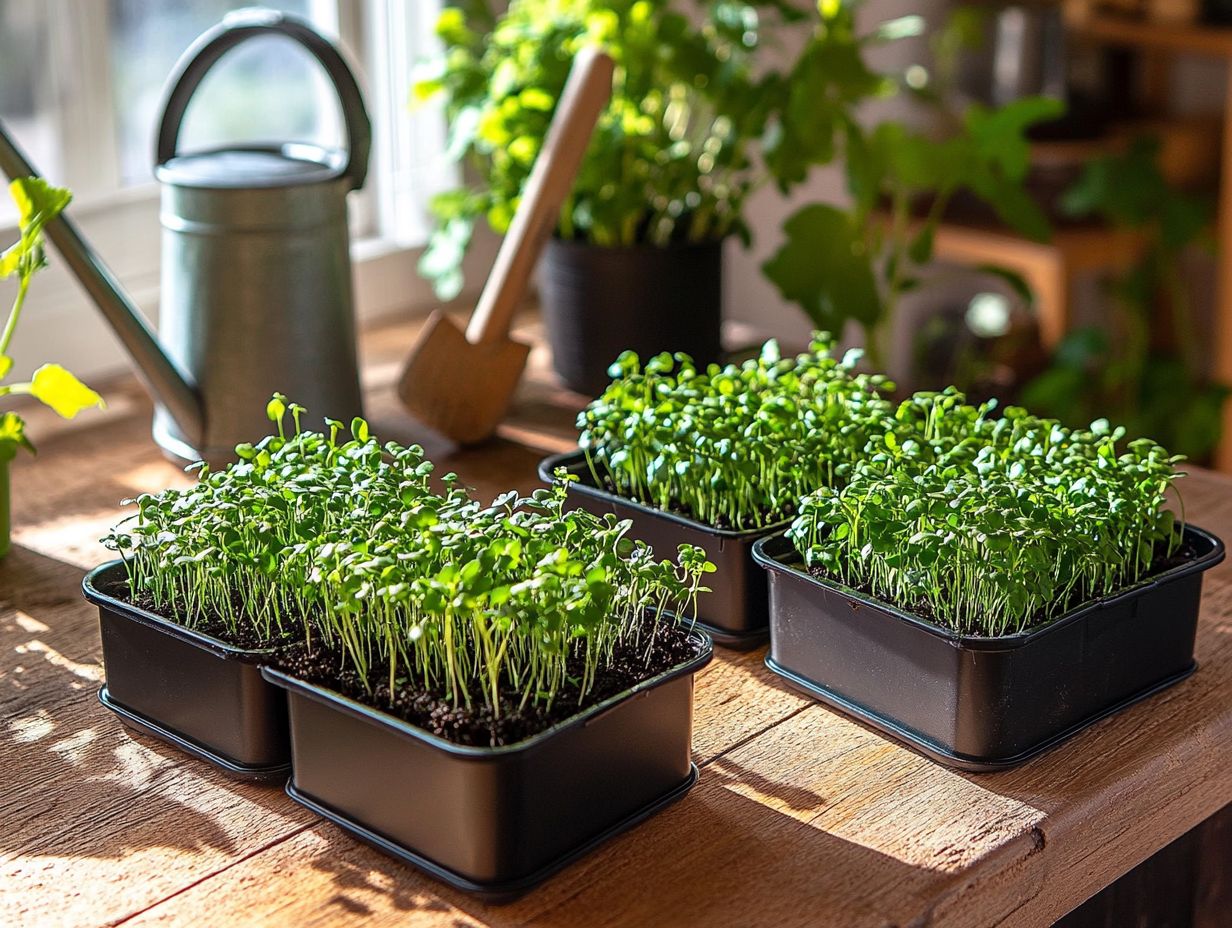 Illustration of the benefits of DIY microgreens growing, showcasing fresh greens and gardening tools.