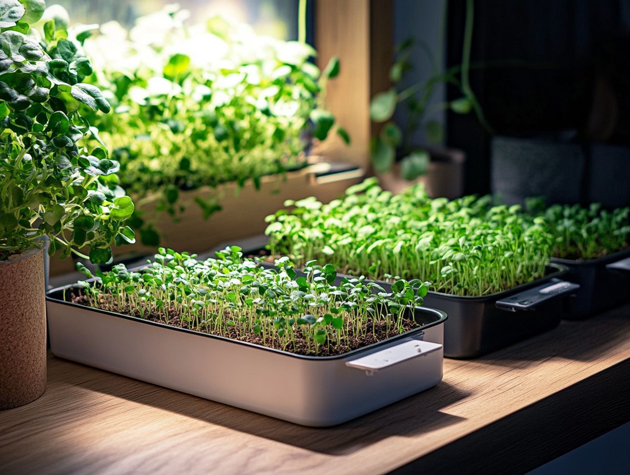 Illustration of different types of microgreen trays and their uses.