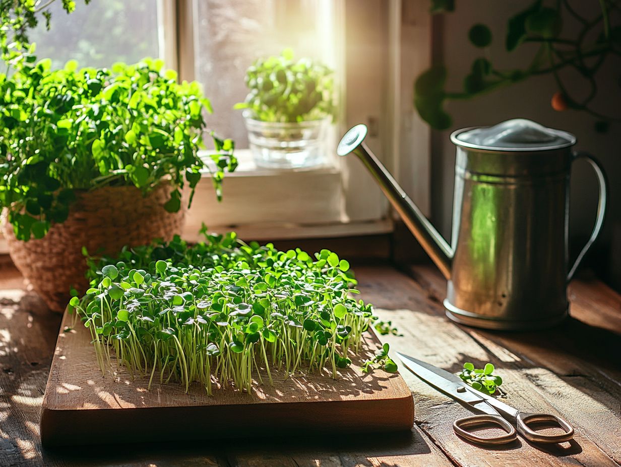 Visual guide of key tips for harvesting and storing microgreens.