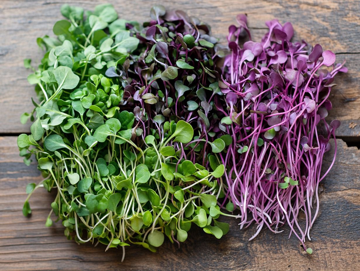 Vibrant red cabbage microgreens displayed on a wooden table.