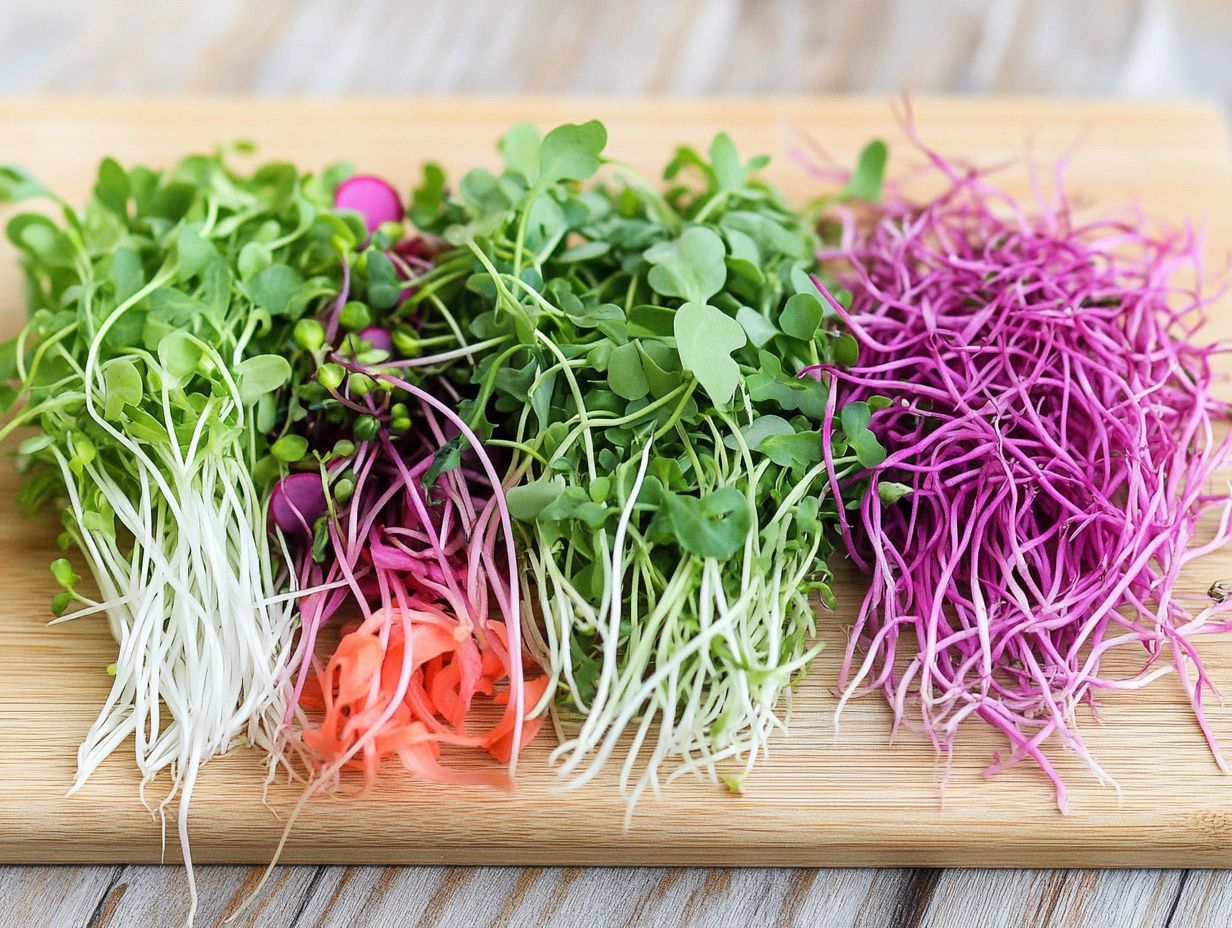 A variety of microgreens displayed in a garden setting.