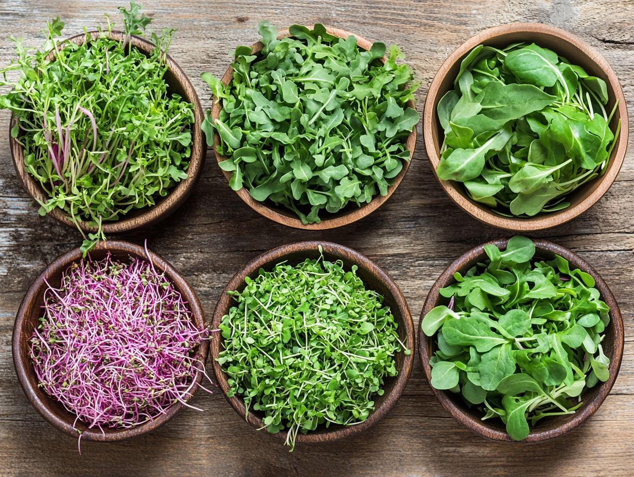 An assortment of healthy microgreens on a wooden table.