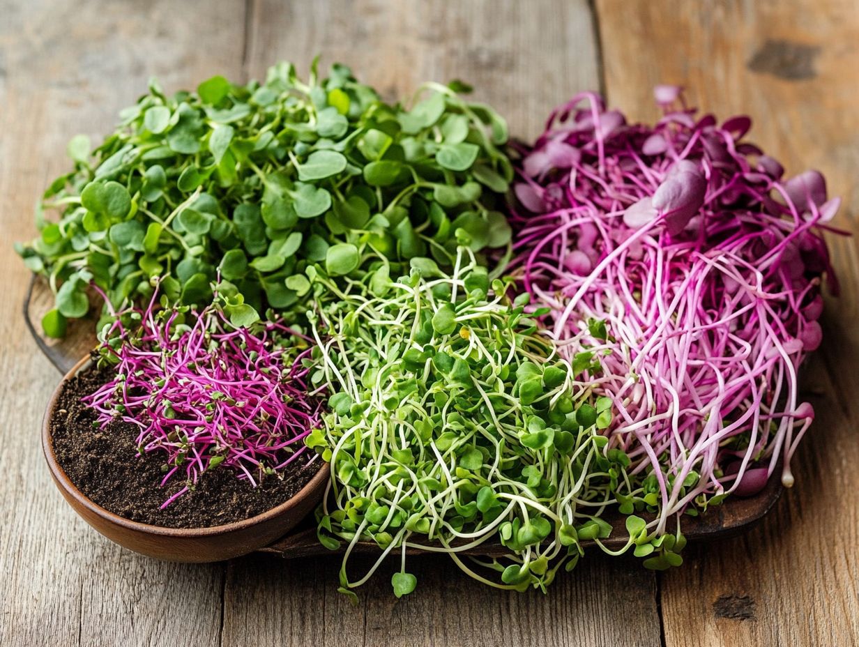 A variety of colorful microgreens displayed in a garden setting