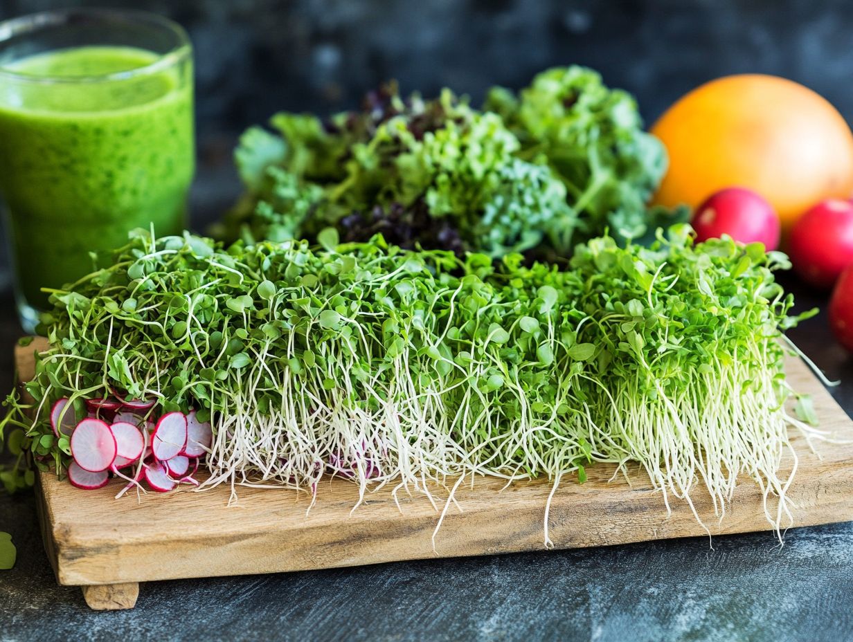 A colorful smoothie featuring microgreens, fruits, and yogurt.