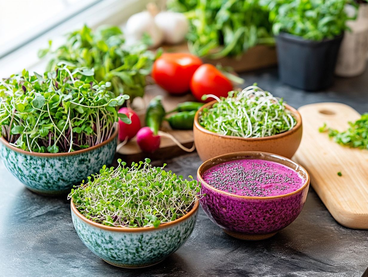 A variety of colorful microgreens growing in a home setting.