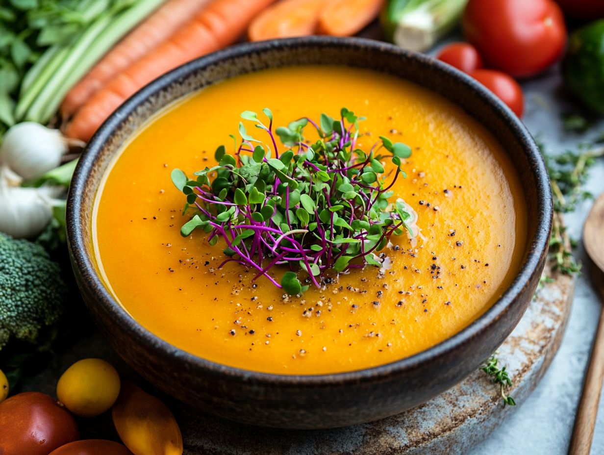 Delicious bowls of soup garnished with fresh microgreens