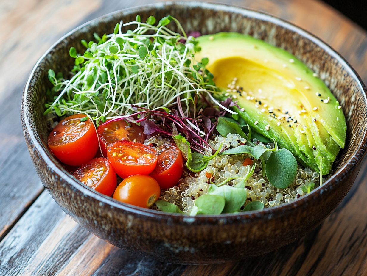 A colorful microgreen quinoa bowl illustrating common mistakes to avoid.