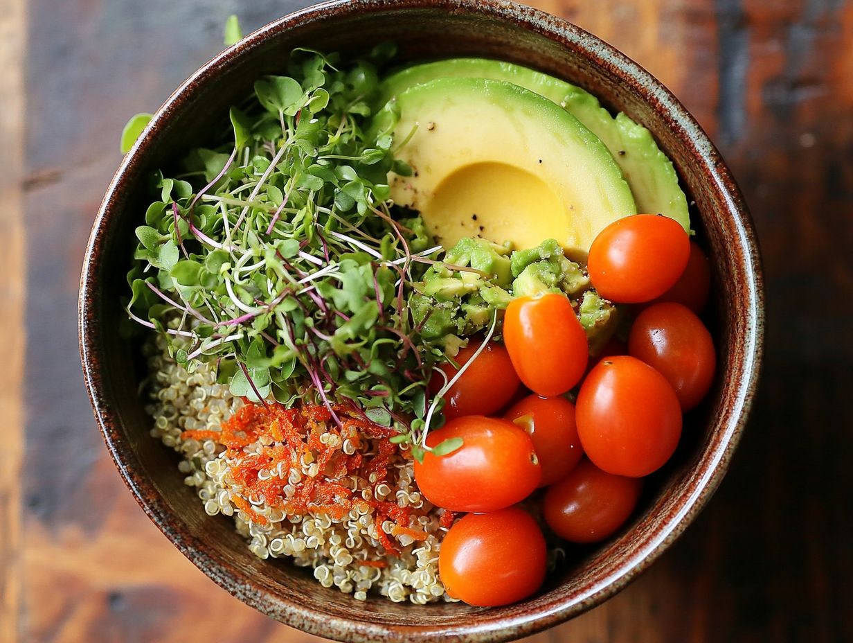 A delicious quinoa bowl topped with microgreens and other vibrant ingredients.