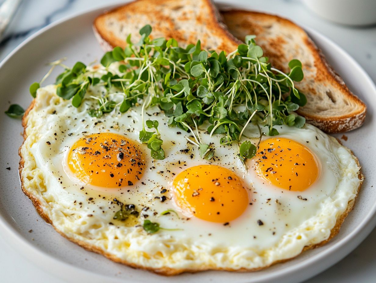 Colorful plates of dishes garnished with microgreens and eggs.