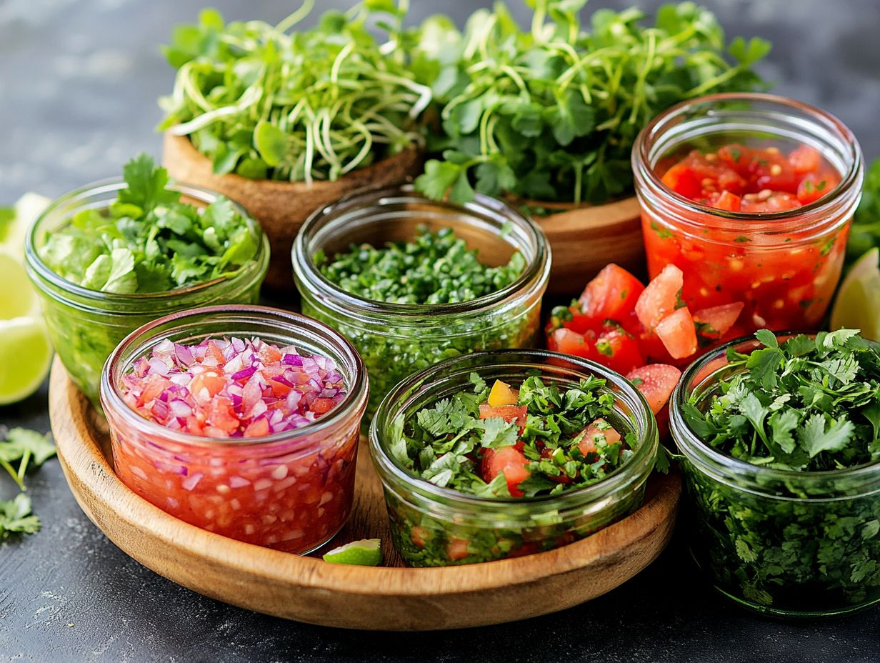 A colorful display of various microgreen salsas on a table