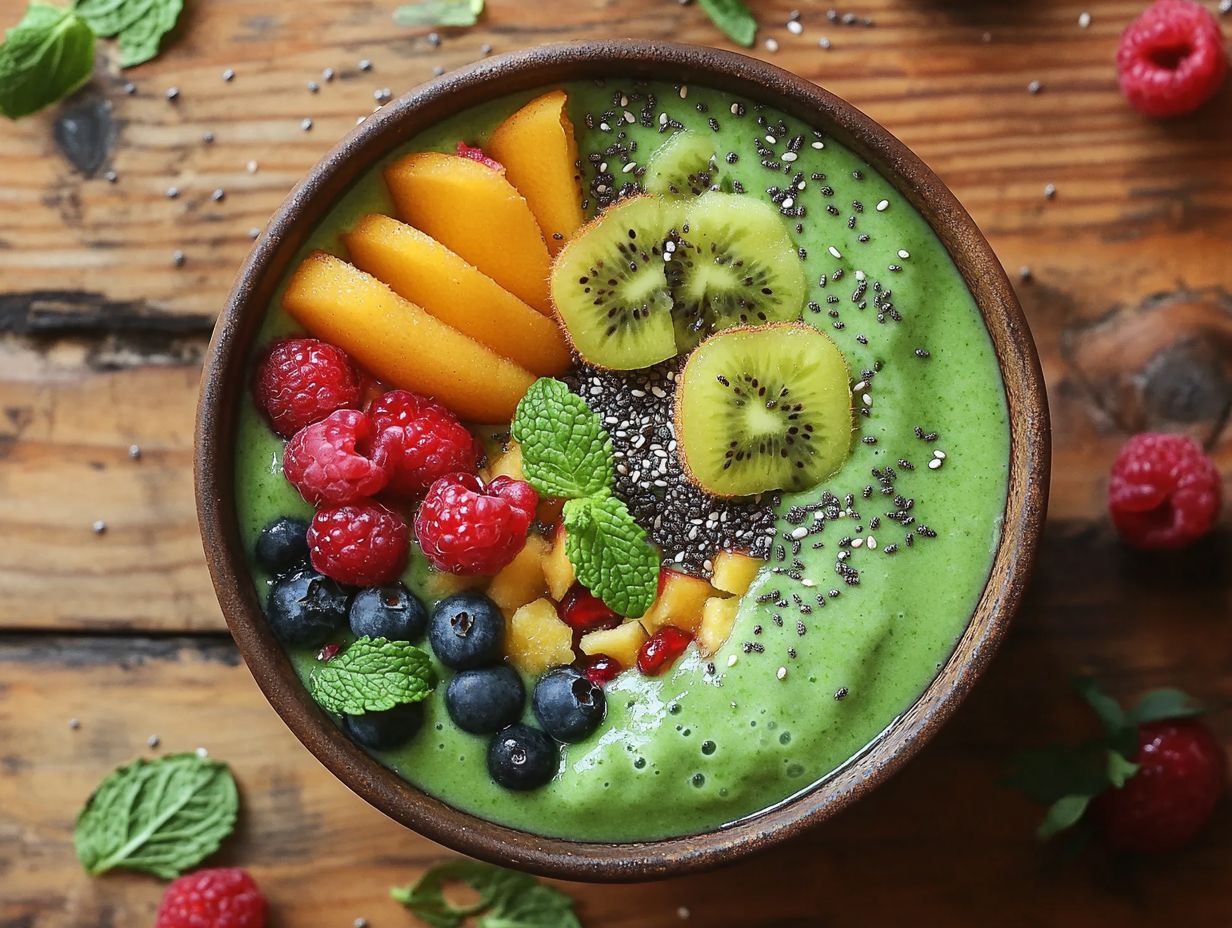 A colorful smoothie bowl with microgreens and fruits