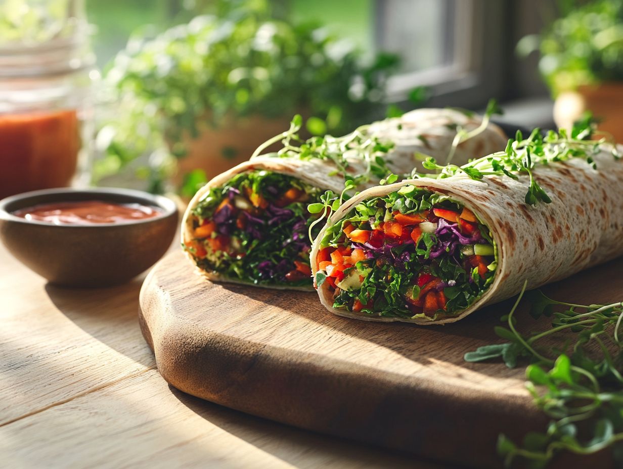 A colorful and appetizing spicy tofu and microgreen wrap ready to be enjoyed.