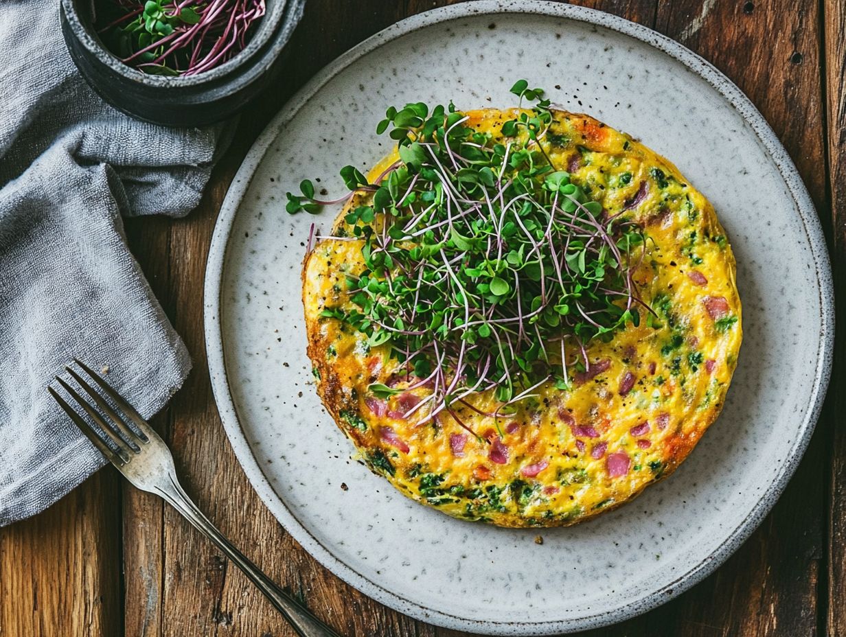 A healthy microgreen frittata garnished with fresh herbs.