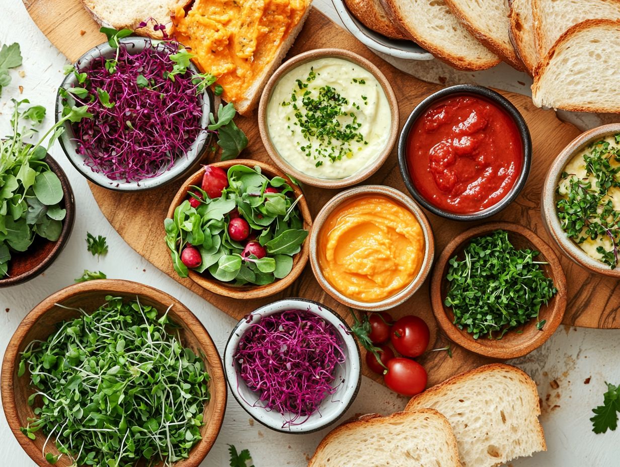 An assortment of sandwich spreads featuring microgreens