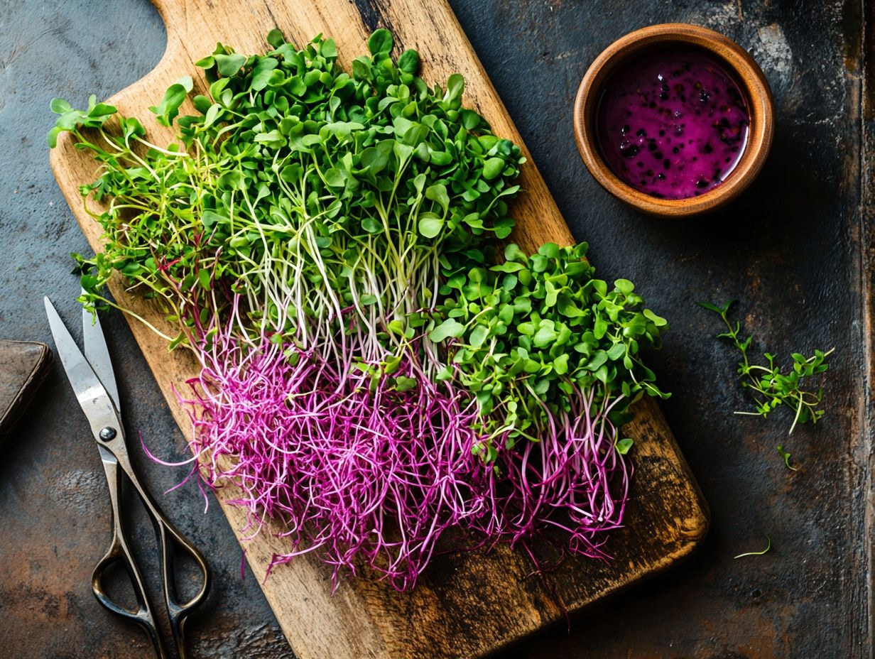 A collection of microgreens grown at home in a sunny kitchen.