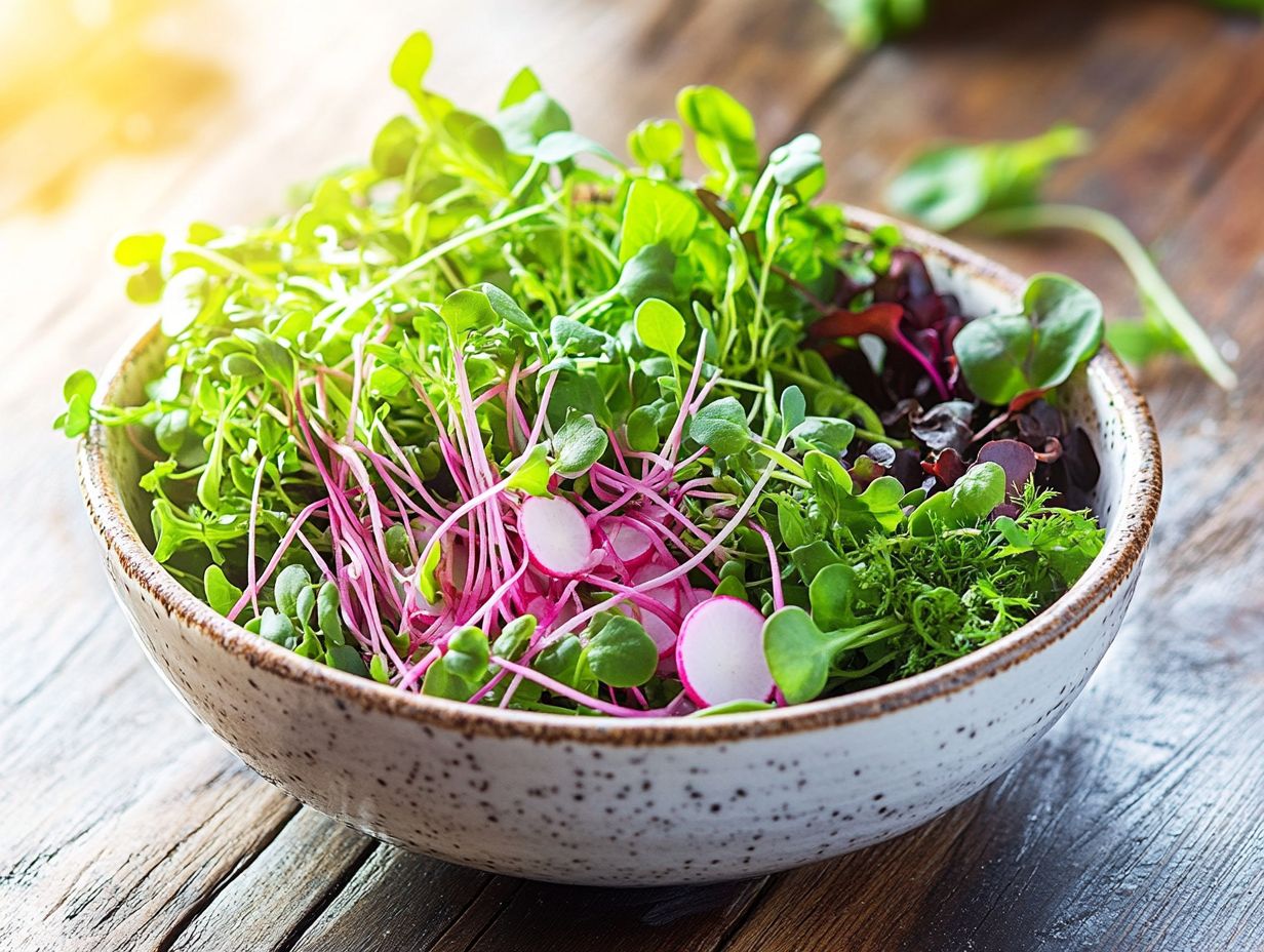 An assortment of microgreens displayed on a wooden surface.