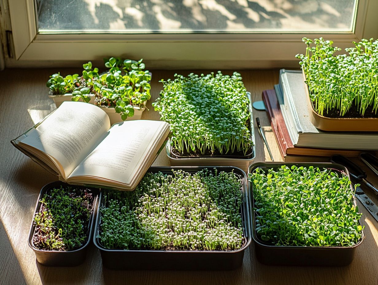 Colorful microgreens displayed on a rustic wooden table.