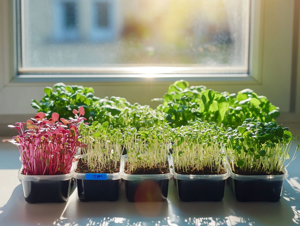 Illustration of various microgreen seed types and their health benefits