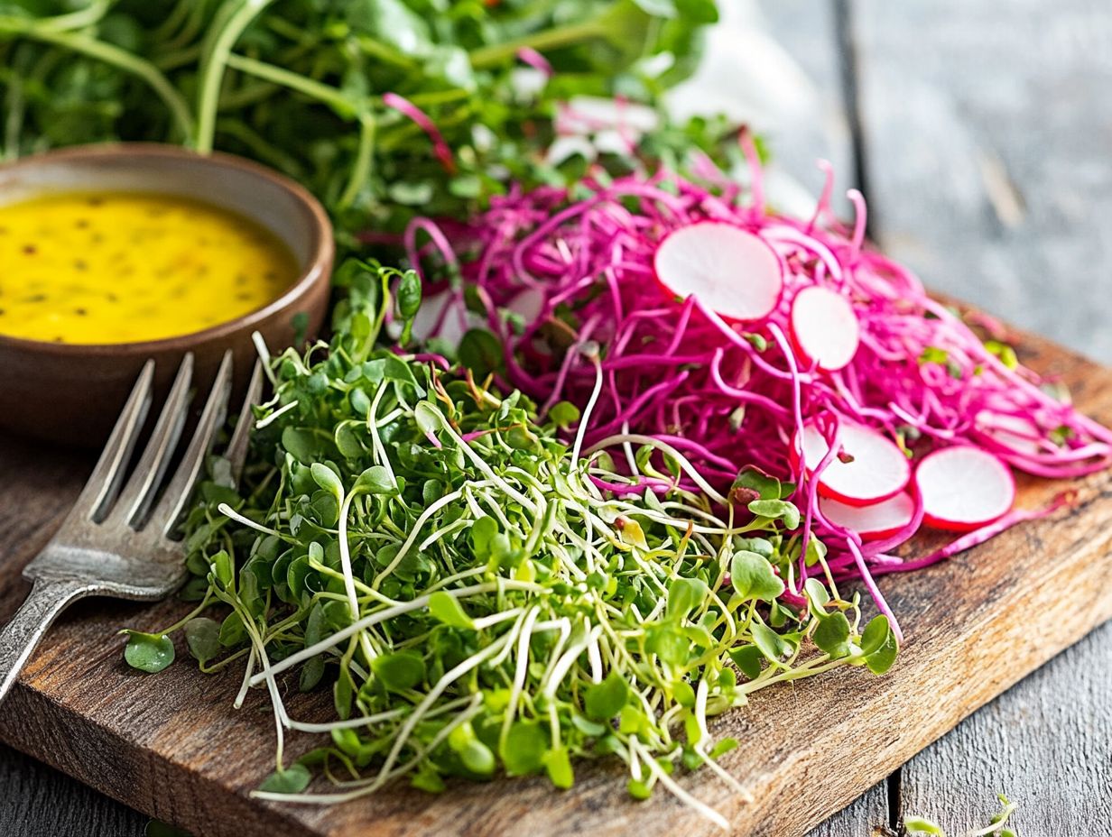 A variety of colorful microgreens in a bowl, showcasing their health benefits