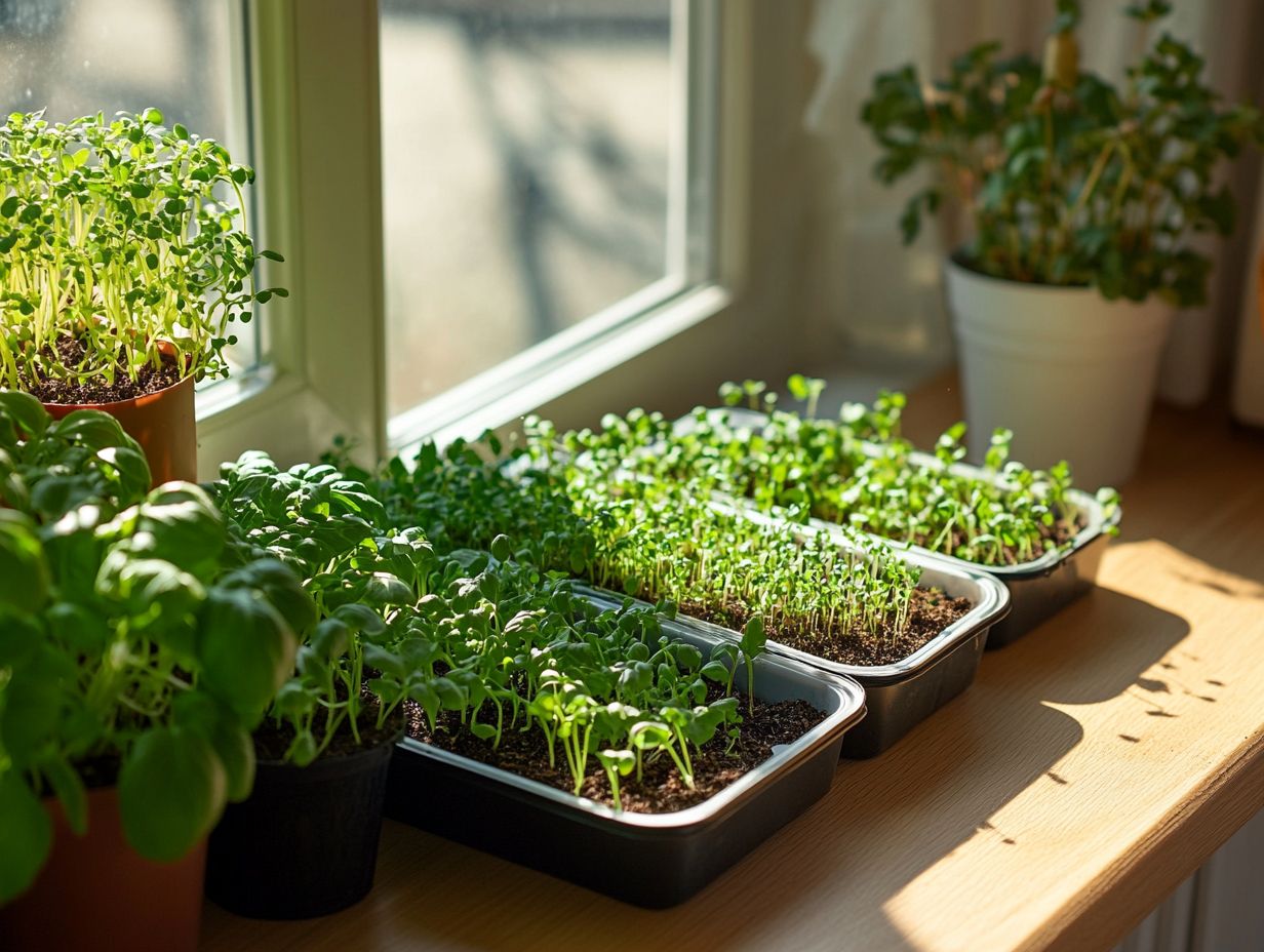 A collection of essential tools and materials for growing microgreens at home.