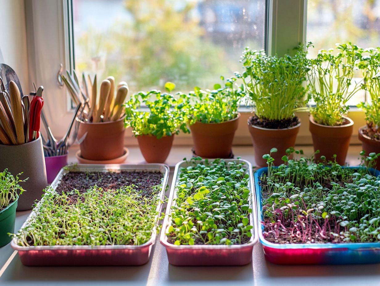 A gardener tending to various types of microgreens.