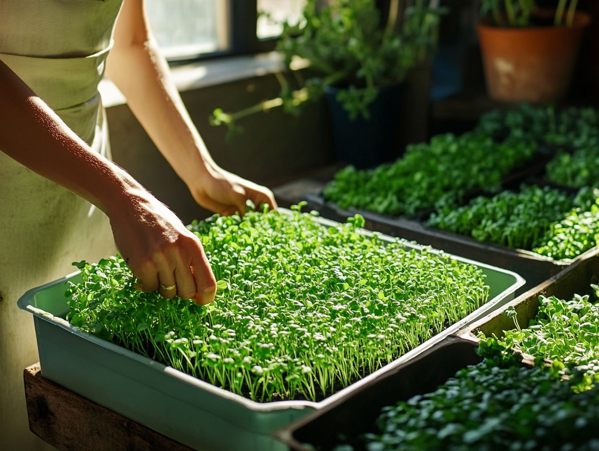 A vibrant setup for growing and harvesting various microgreens.