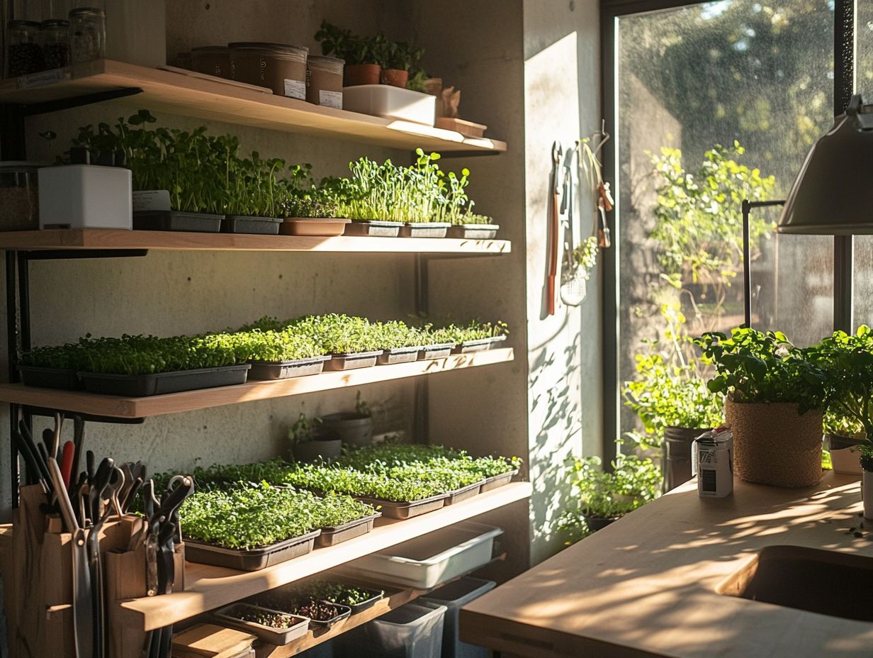 Illustration of effective watering, lighting, and harvesting techniques for microgreens