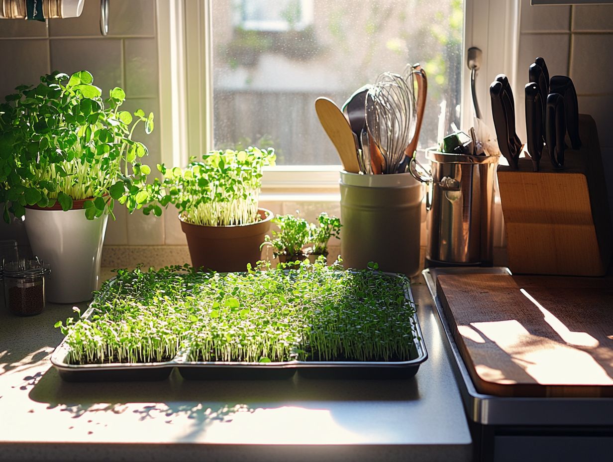 Visual guide showing the essential supplies and equipment for growing microgreens at home.