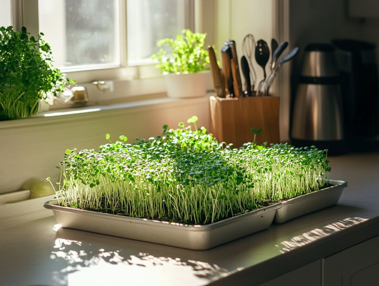 A person harvesting fresh microgreens in a kitchen setting.