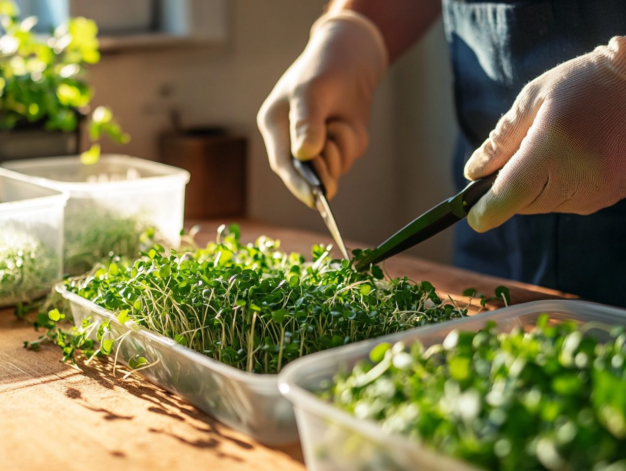 A person demonstrating how to harvest microgreens using scissors.