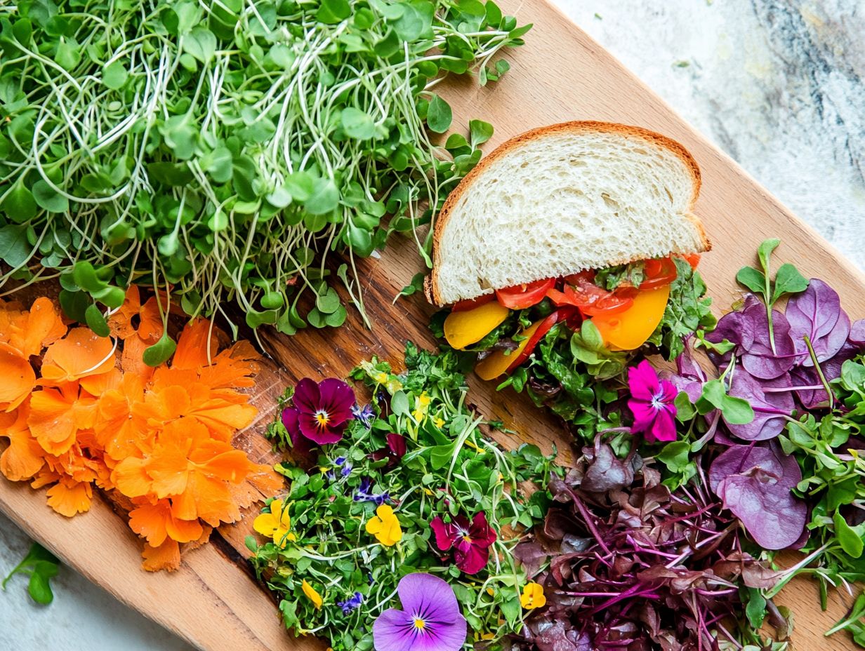 A variety of dishes featuring colorful microgreens