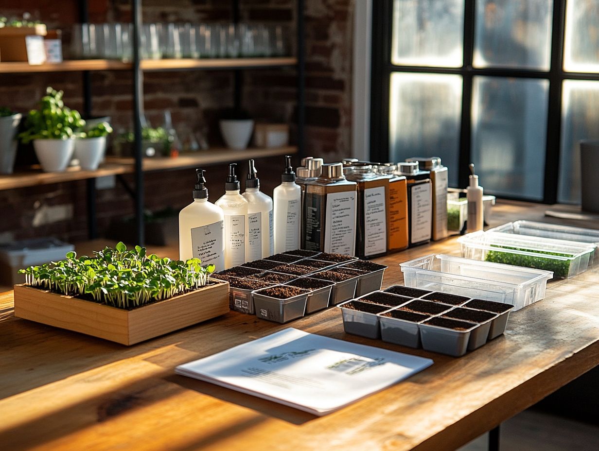 A collection of microgreen supplies organized neatly.