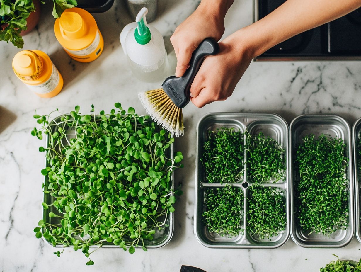 Visual summary of key takeaways for cleaning microgreen equipment.