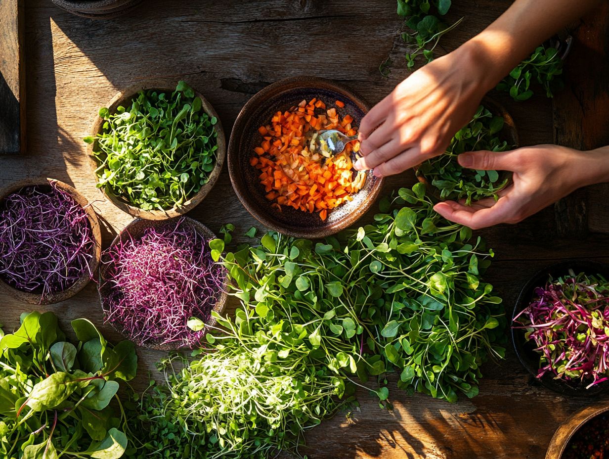 A vibrant assortment of microgreens on a wooden table, showcasing their diverse colors and textures, perfect for culinary exploration.