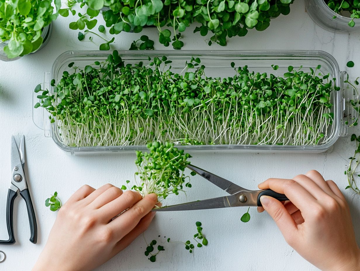 Various snipping tools used for harvesting microgreens, including scissors and specialized micro snips.