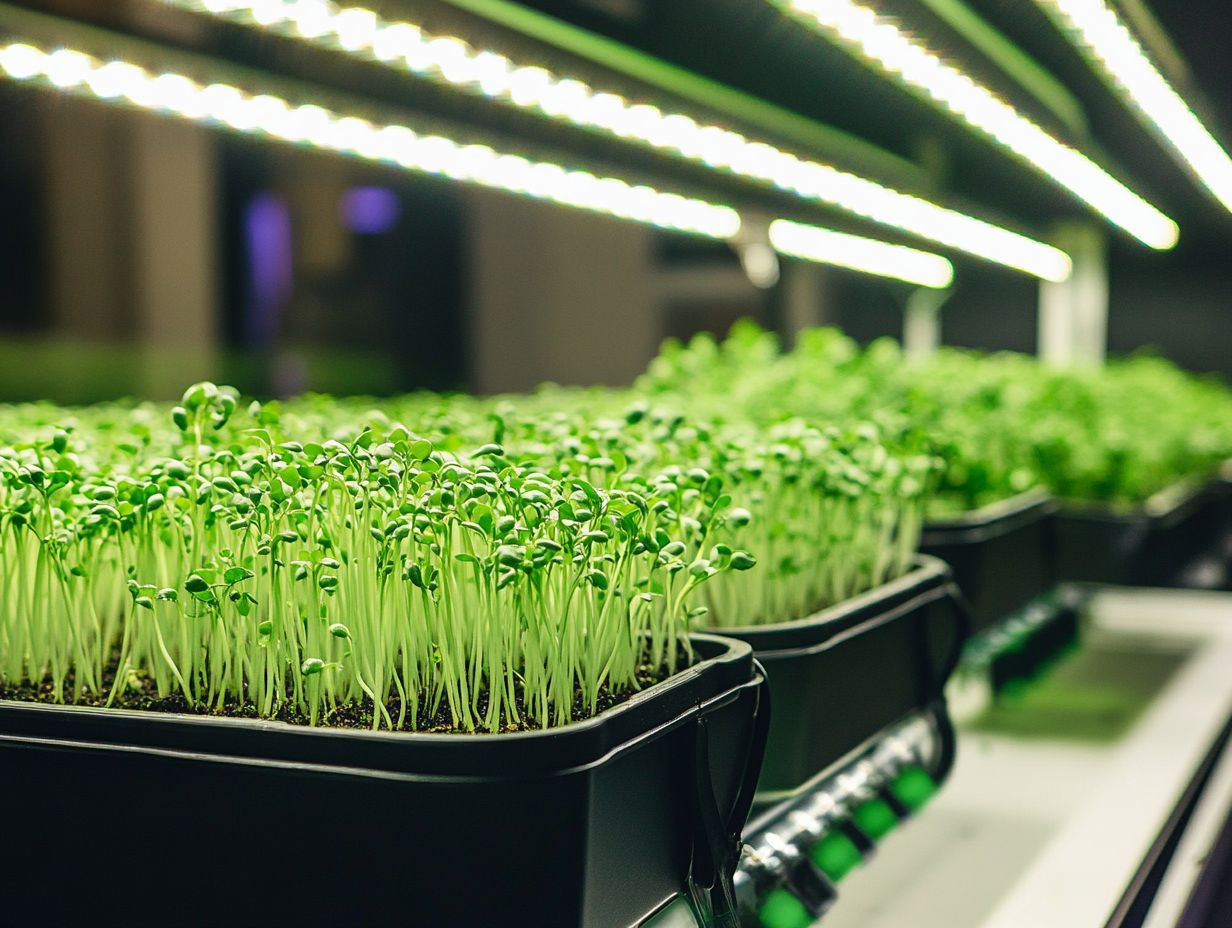 A gardener maintaining and harvesting hydroponic microgreens