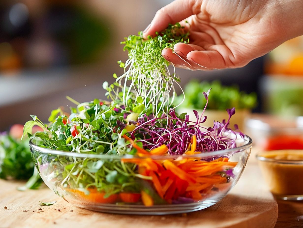 A colorful display of various microgreens used in cooking.