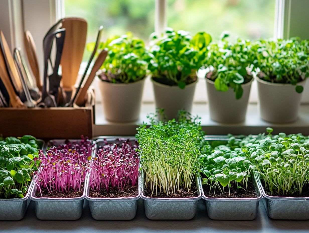 A variety of winter microgreens including broccoli, arugula, and kale.