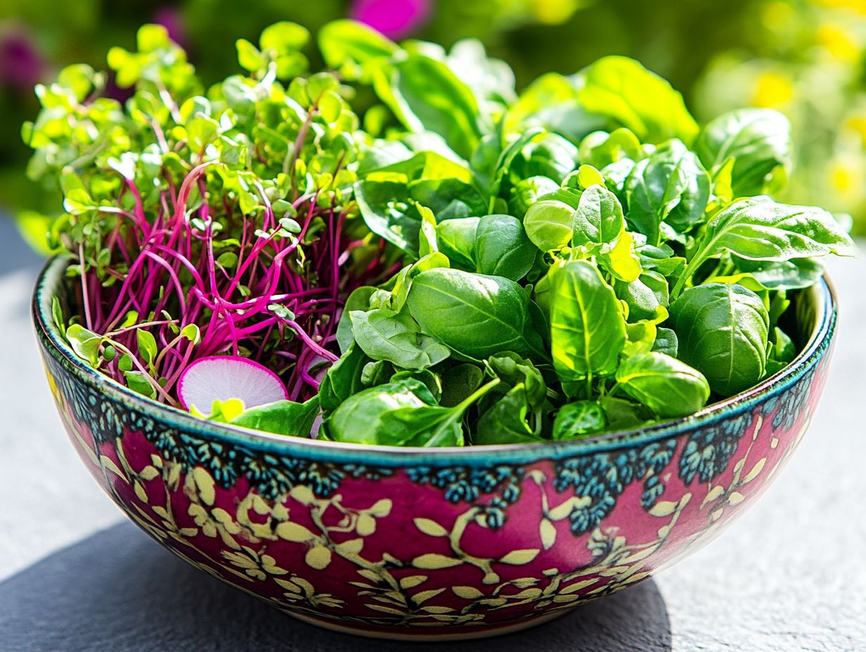 Colorful kohlrabi microgreens displayed on a rustic wooden table