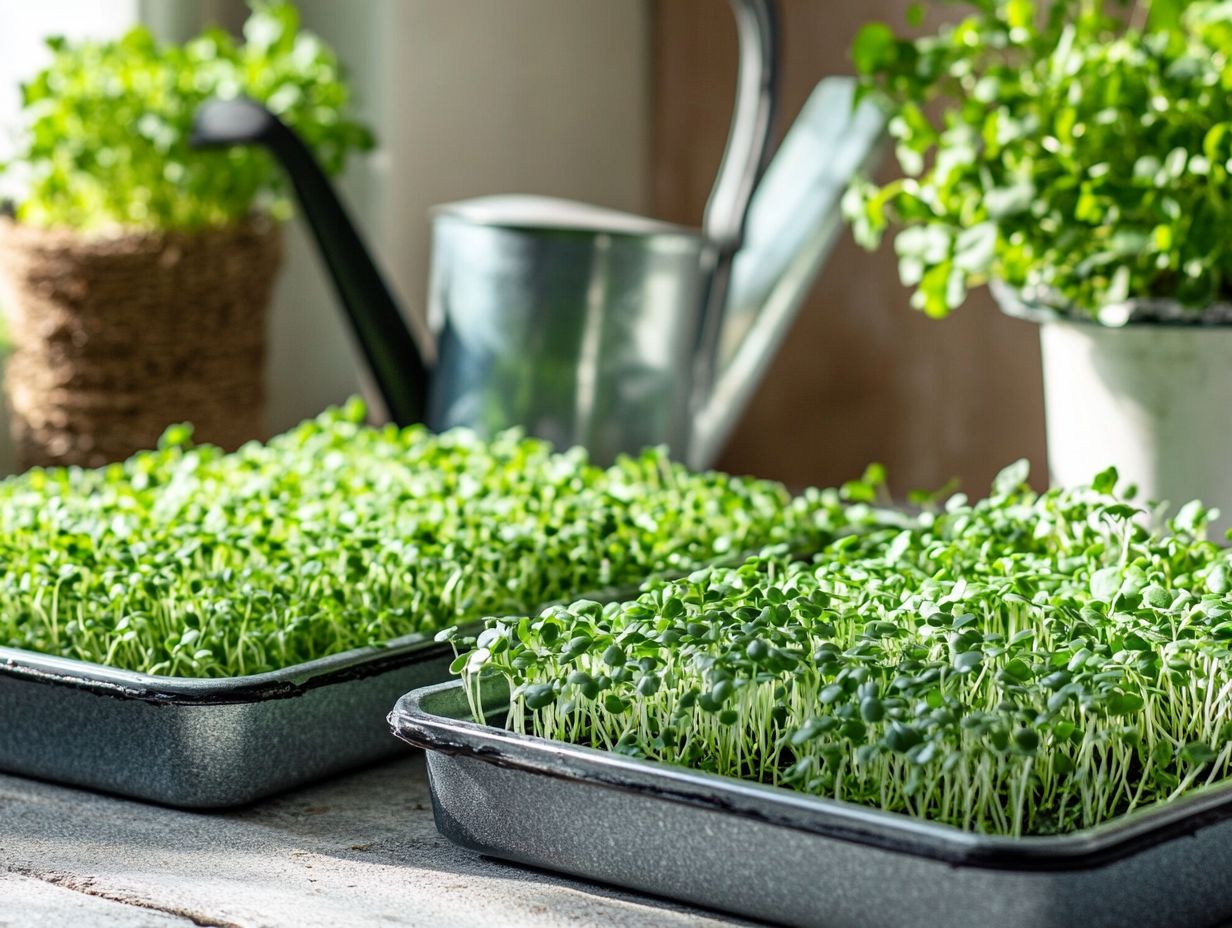 A gardener harvesting fresh microgreens in a kitchen setting